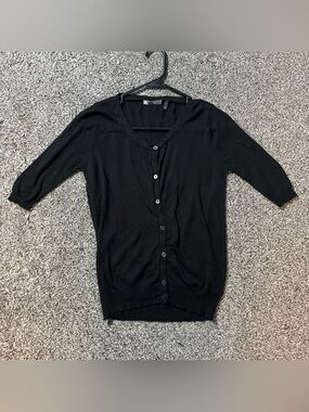 MAK Button Up Lightweight Semi Shear Black Sweater Cardigan (M) Women 3/4 Sleeve